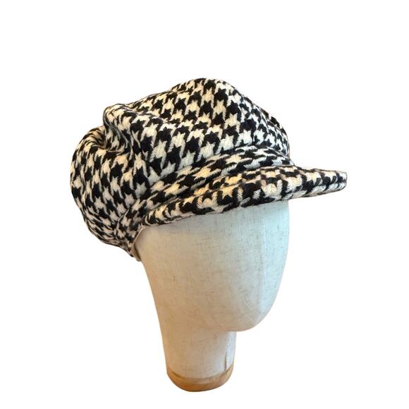 VTG Helen Welsh Slouchy Wool Newsboy Cap 90s Y2K EUC Houndstooth BLK CRM OS - Picture 1 of 8